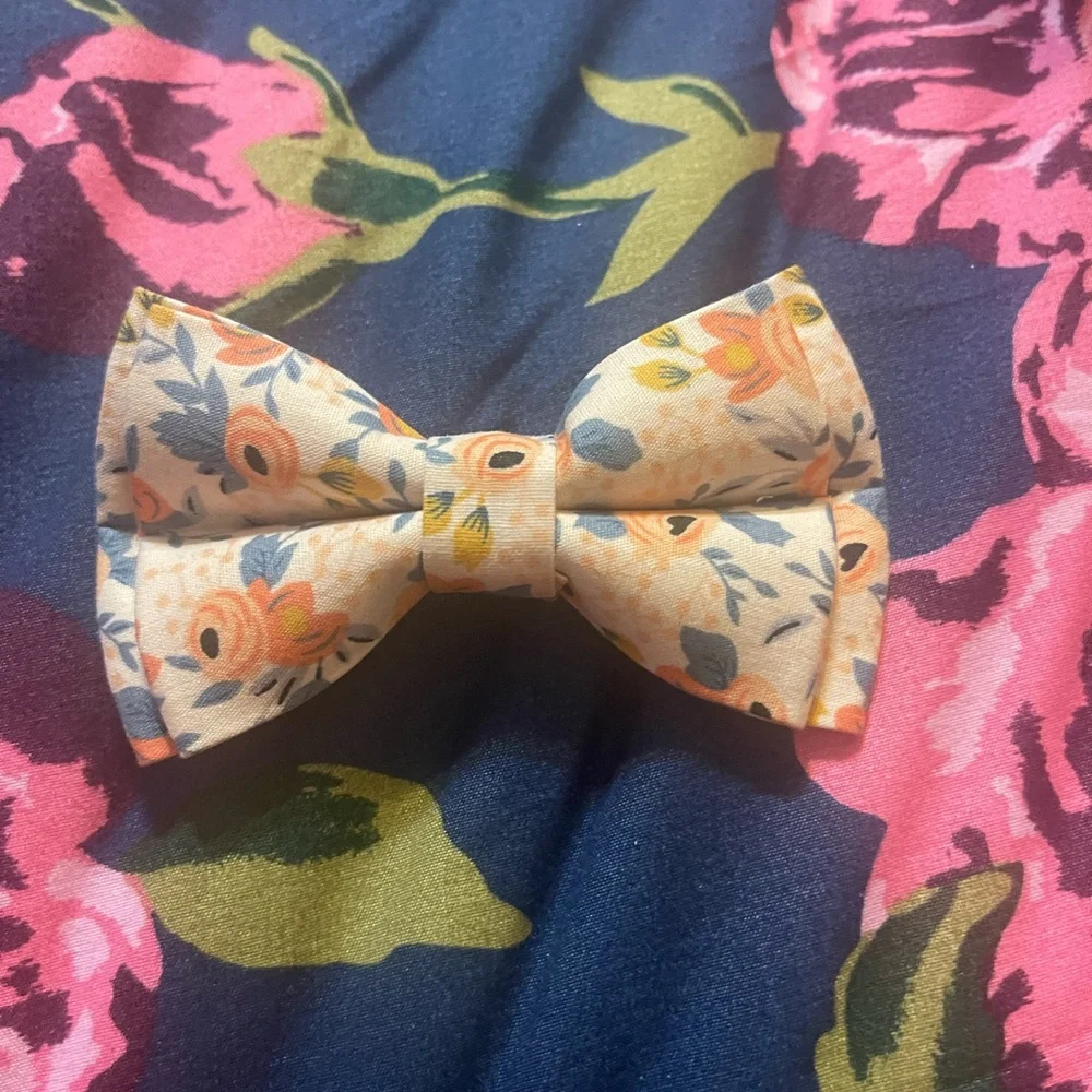 Female Dog Floral Bow Tie For Collar Orange/Blue and Rose Gold, Small